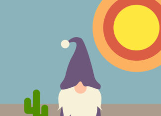 A small gnome in purple reading a book against a desert backdrop, representing the Tome Gnome Initiative.