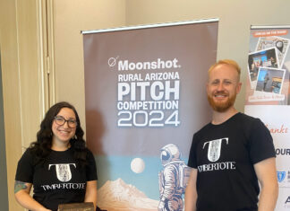 From Wood to Wardrobe: Timber Tote’s Inspiring Story with Chelsea Alder and Jason Robinson Chelsea Alder and Jason Robinson standing in front of a Pitch Competition 2024 poster, with Chelsea holding a Timber Tote product.