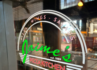 A Slice of Innovation: Gabriel Moreno’s Recipe for Success at Jaime’s Pizza Kitchen Front window of Jaime's Pizza Kitchen with the restaurant logo visible