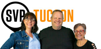 Tom Heath with Anne Miskey and Jenny Grabel of Social Venture Partners Tucson standing in front of the SVP Tucson logo.